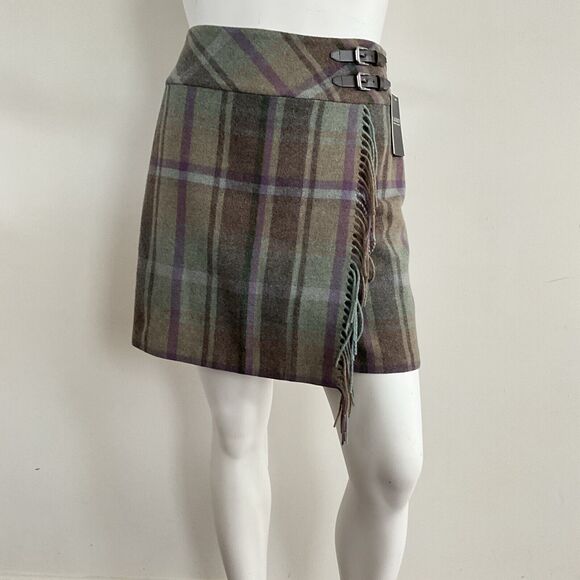 Lauren Ralph Lauren Skirt Plaid Wool Blend Black Label Faux Wrap Fringe 14 - Picture 5 of 9